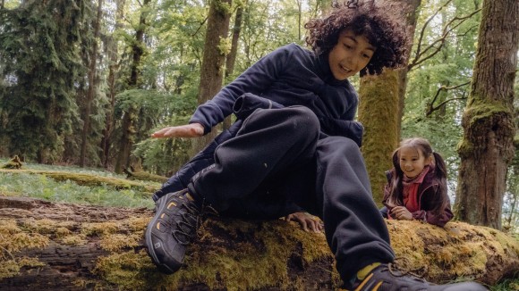 Dos niños explorando un área forestal, uno trepando por un tronco con musgo.